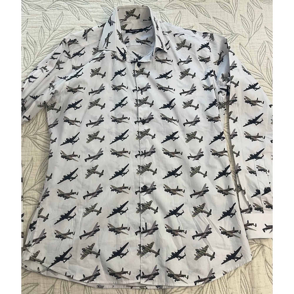 Jared Lang Mens Vintage Airplane Print Cotton Button Down Shirt White Large ww2